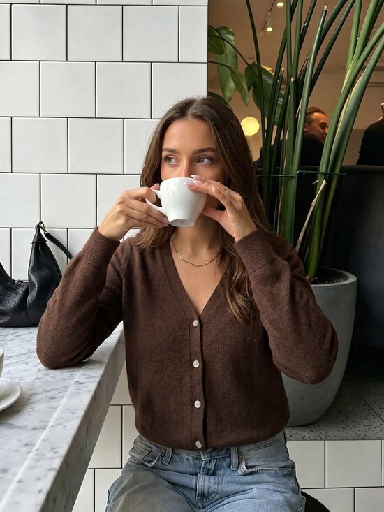 Sweaters - Women's Coffee Brown Cashmere V-Neck Cardigan Sweater Button Front Top